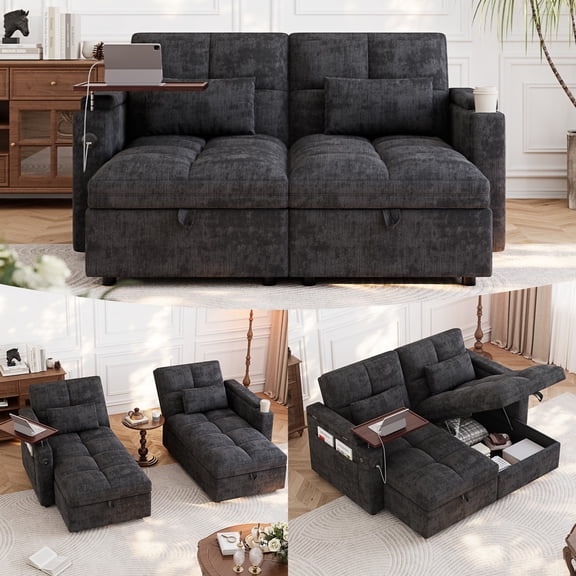 66" Modular Sleeper Sofa Bed,Sectional Sofa Bed with Double Storage Chaise,Convertible Chenille Couch, Adjustable Backrest, USB,Foldable Side Table&Cup Holder,Black