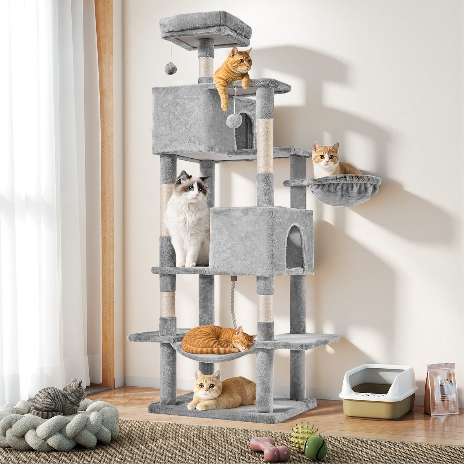 66" Multi-Level Cat Tree Tower with Sisal Scratching Post, Indoor Cat Climbing Tower with Ladder & Plush Toys for Rest & Play