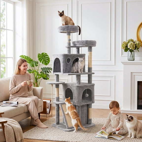 66" Multi-Level Large Cat Tree Tower with 2 Spacious Cat Condos, Sisal Scratching Posts & Ramp, Soft Plush Perches & Interactive Hanging Balls, Indoor Cat Play Furniture for Kittens & Large Cats