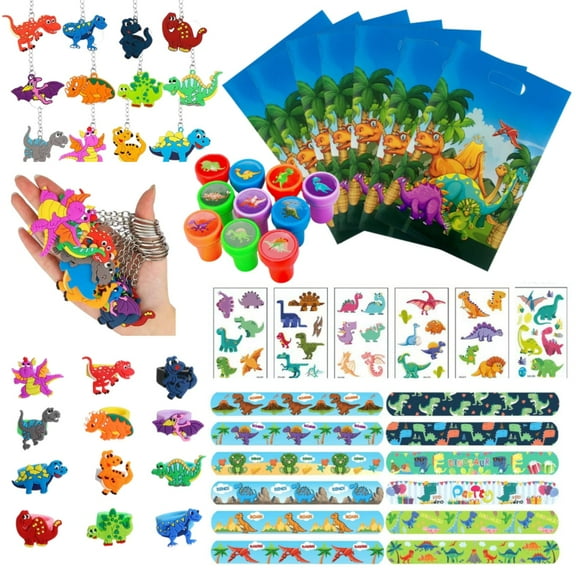 66 Pcs Dinosaur Party Favors, Dinosaur Birthday Party Favors for Kids with Bags, Tattoo Sticker, Silicone Stamper,  Keychain Ring and Slap Bracelets