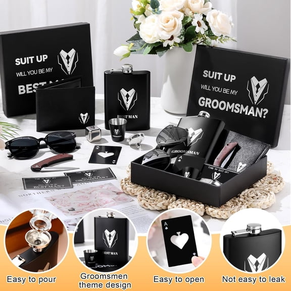 66 Pcs Groomsmen Proposal Gifts - Shot Glasses, Stainless Steel Ice, Flask, Funnel, Gift Boxes, Sunglasses, Knives, Bottle Opener, Cards, Wallets for Wedding Groomsmen Present Set