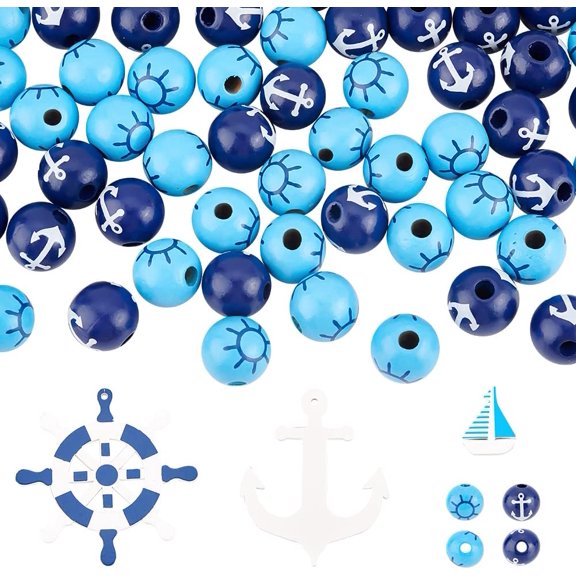 66 Pcs Natural Wooden Round Beads Beach Theme Boat Print Wood Loose Spacer Beads with Large Hole Colorful Anchor Sail Charms Rudder Pendant Mixed Sizes (WOOD-AR0001-26-US10) Blue