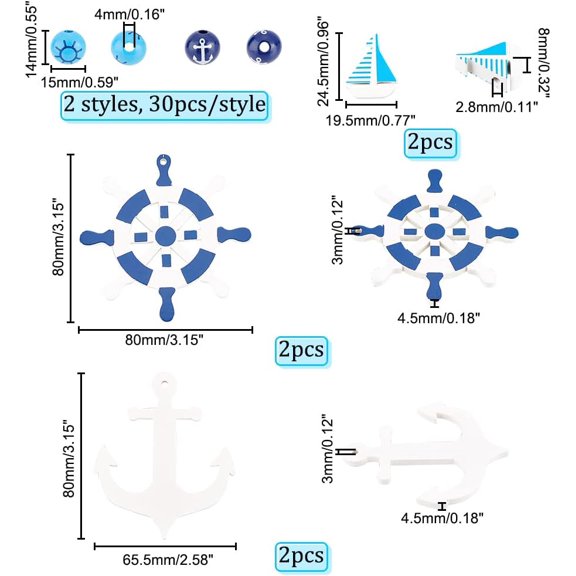 66 Pcs Natural Wooden Round Beads Beach Theme Boat Print Wood Loose Spacer Beads with Large Hole Colorful Anchor Sail Charms Rudder Pendant Mixed Sizes (WOOD-AR0001-26-US10)