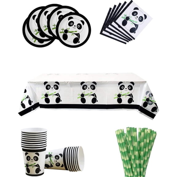 66 Pcs Panda Party Supplies, Panda Disposable Tableware Set with Plates, Cups, Napkins, Straws, Tablecloth for Kids, Baby Shower, Birthday Decorations