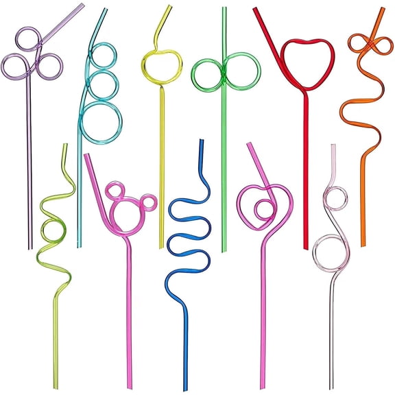 66 Pcs Reusable Plastic Colorful Loop Straws, 11 Different Designs, 10'' Silly Straws, Fun Varied Twists for Parties