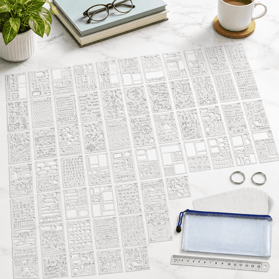 66-Piece Journal Stencils & Drawing Templates Set with Ruler and Storage Rings