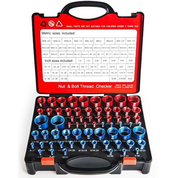 66-Piece Nut and Bolt Thread Checker Kit | 34 SAE (Blue) + 32 Metric (Red) Thread Gauges - Precision Bolt Size Finder for Tight Spaces, DIY & Professional Repairs