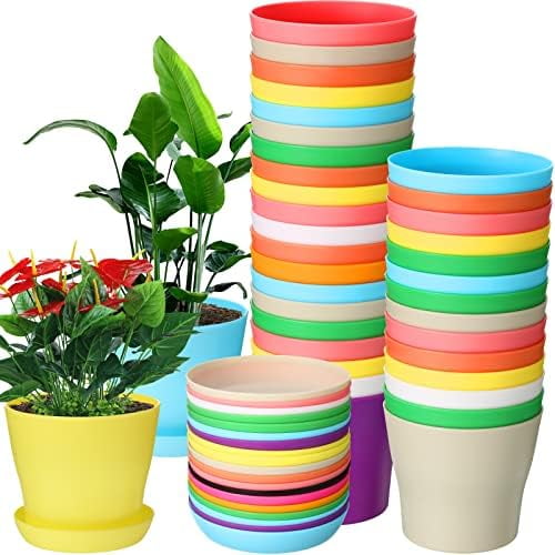 66 Pieces 4 Inch Plastic Plant Pots with Saucers, Seedlings Nursery Pots, Flower Pots with Plates, Modern Decor Flower Plant Containers for Indoor Plants, Herbs, Succulents, 11 Colors$$Garden & Patio