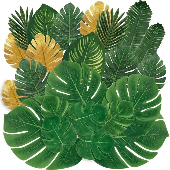 66Pieces 12Kinds Artificial Tropical Palm Leaves with Stems Golden faux Jungle Safari Leaves Hawaiian Luau Baby Shower Wedding Birthday Party Decors