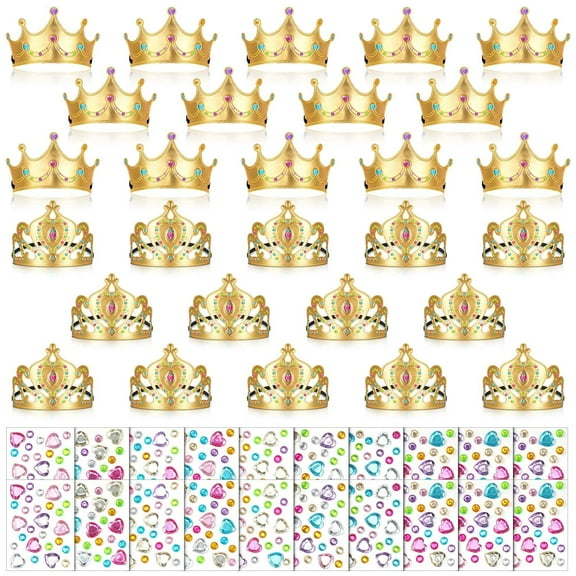 66 Pieces Foam Princess Tiaras DIY Crowns Kids Party Favors Craft Crystal Diamond Sticker Girls Making Your Own Tiara (Gold)