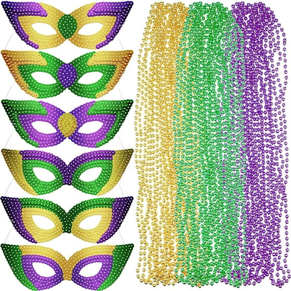 66 Pieces Mardi Gras Costumes, Including Mardi Gras Face Cover and Bead Necklace Carnival Sequin Face Covering Multi Color Party Beads Necklace Accessory Mardi Gras Cute Costumes for Women