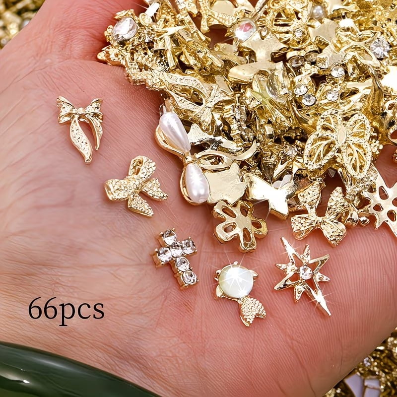 66 Pieces Set of Luxury Rhinestone Metal 3D Nail Polish Decorations Set, Mixed Pink and Heart-Shaped Diamond Designs in Various Shapes, Alloy DIY Accessories, Suitable for Female Manicure