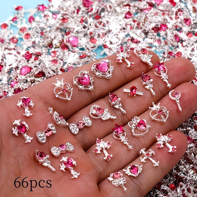 66 Pieces Set of Luxury Rhinestone Metal 3D Nail Polish Decorations Set, Mixed Pink and Heart-Shaped Diamond Designs in Various Shapes, Alloy DIY Accessories, Suitable for Female Manicure