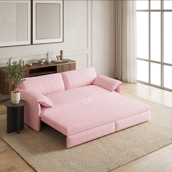 66" Pink Velvet 3-in-1 Convertible Queen Pull Out Sofa Bed Loveseat with Side Storage