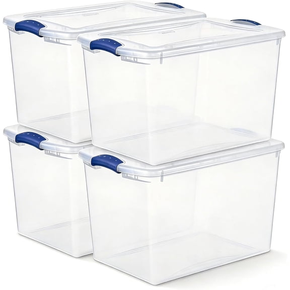 66 Qt Clear Storage Bins with Lids, Stackable Plastic Organizer (4) | Clear view design with secure latching lids, large capacity for clothes, blankets and home storage, stackable to save space