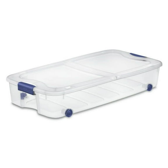 66 Quart Clear Underbed Storage Container Blue with Latch Lid & Wheels - Hinged Lid for Bedding Linens & Shoes