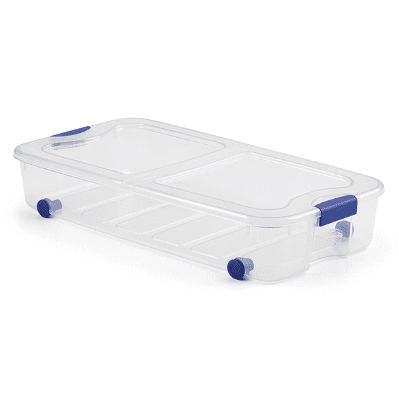 66 Quart Clear Underbed Storage Container with Latch Lid and Rolling Wheels, Blue