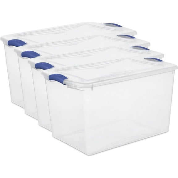 66-Quart Large Storage Bin - Clear Plastic Container with Blue LATCH Lid, Airtight & Stackable Design for Garage, Basement or Pantry Organization, Heavy Duty BPA-Free (4 PACK)
