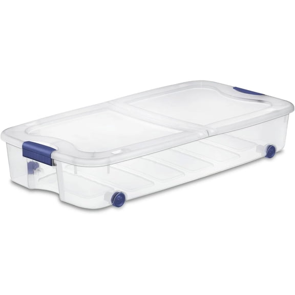 66 Quart Wheeled LATCH Box, Clear Underbed Storage Bin with Lid, Blue