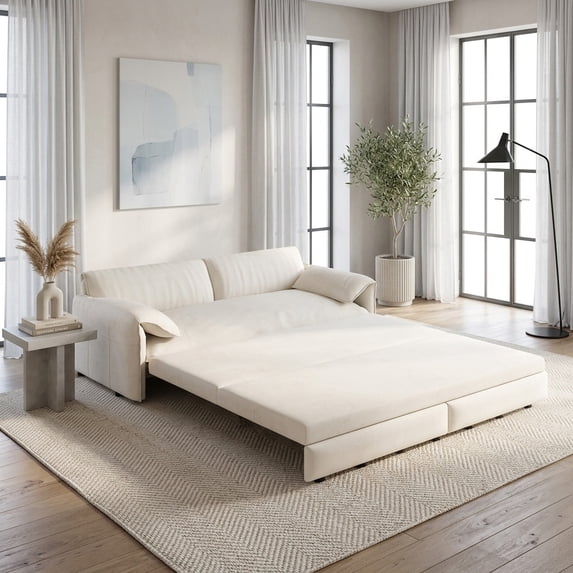 66" Queen Convertible Loveseat Sofa Bed with Side Storage - Beige/White Velvet