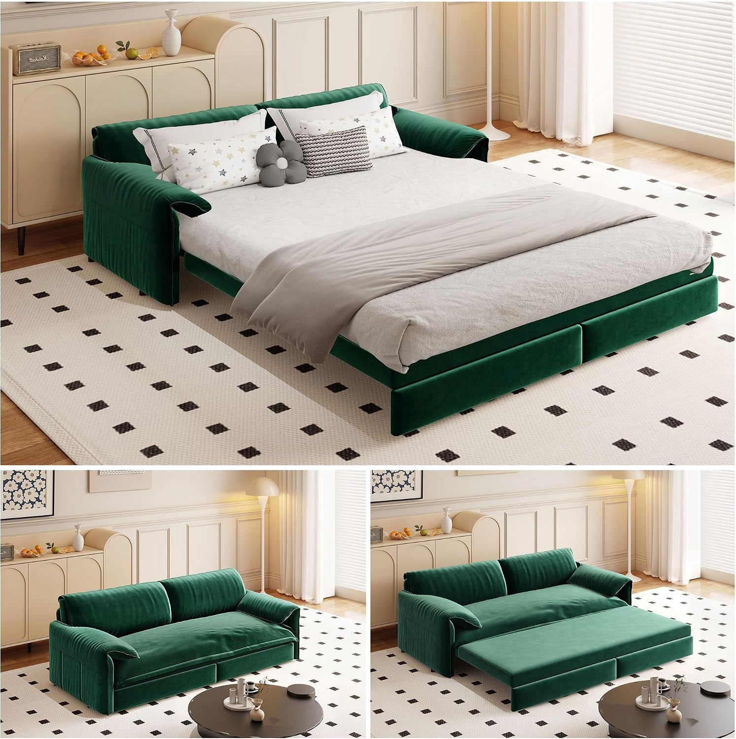 66" Queen Pull Out Sleeper Sofa, 3‑in‑1 Velvet Convertible Loveseat with Side Storage for Apartment Bedroom
