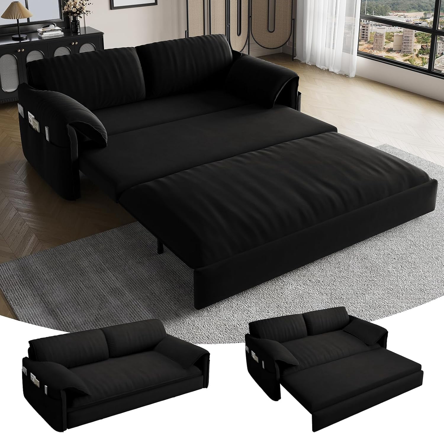 66" Queen Pull Out Sleeper Sofa, 3‑in‑1 Velvet Convertible Loveseat with Side Storage for Apartment Bedroom