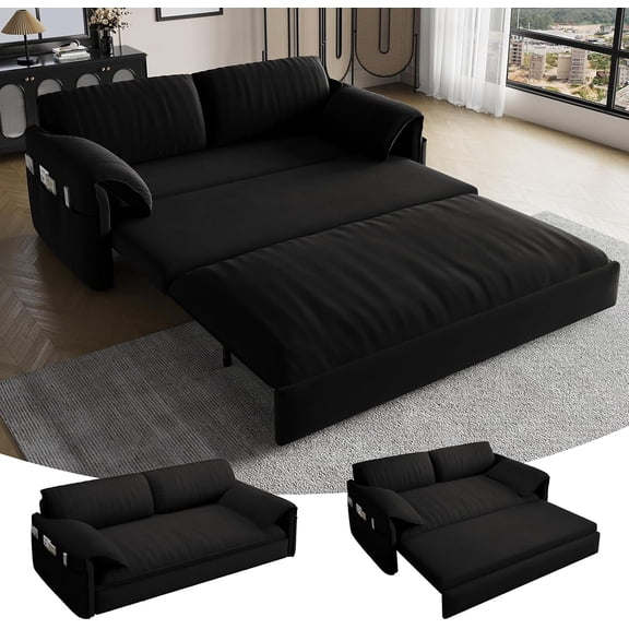 66" Queen Pull Out Sleeper Sofa, 3‑in‑1 Velvet Convertible Loveseat with Side Storage for Apartment Bedroom