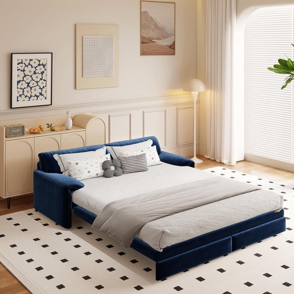 66" Queen Pull Out Sleeper Sofa, 3‑in‑1 Velvet Convertible Loveseat with Side Storage for Apartment Bedroom