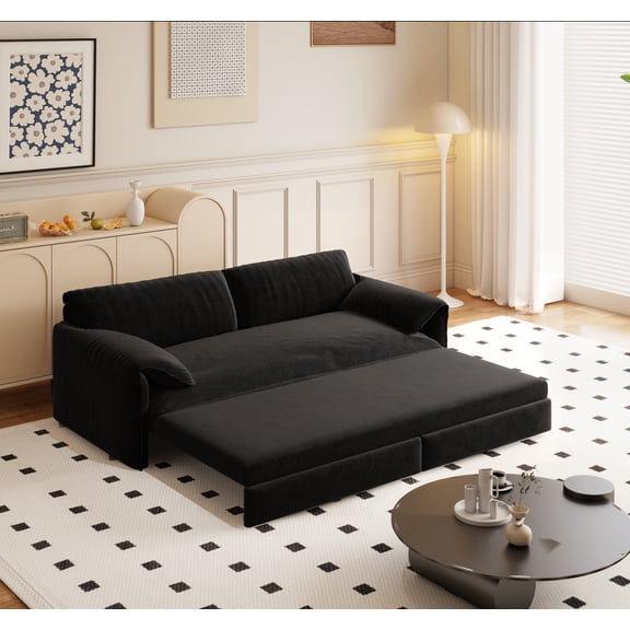 66" Queen Pull Out Sofa Bed, 3-in-1 Convertible Sleeper Sofa with Side Storage, Multi-Functional Velvet Loveseat for Living Room,Black