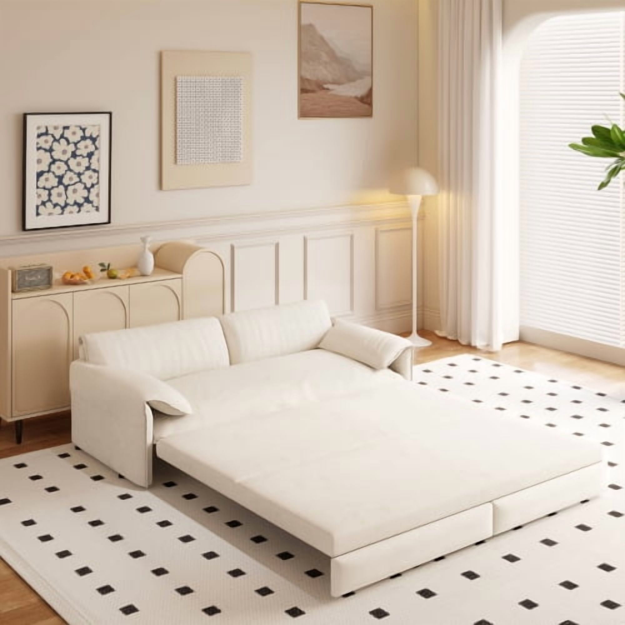 66" Queen Pull Out Sofa Bed, 3-in-1 Convertible Velvet Sleeper Sofa with Side Storage, Loveseat Bed for Living Room, Beige