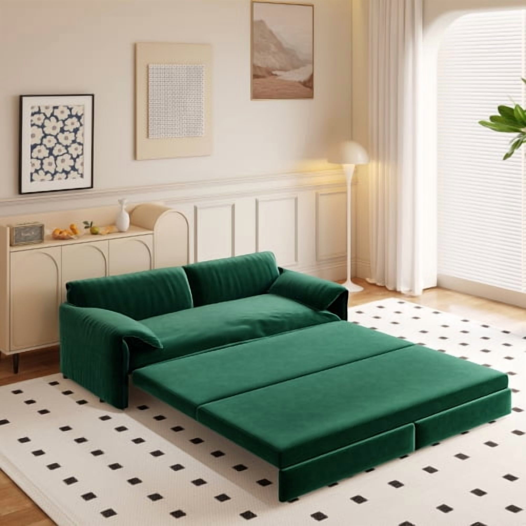 66" Queen Pull Out Sofa Bed, 3-in-1 Convertible Velvet Sleeper Sofa with Side Storage, Loveseat Bed for Living Room, Green