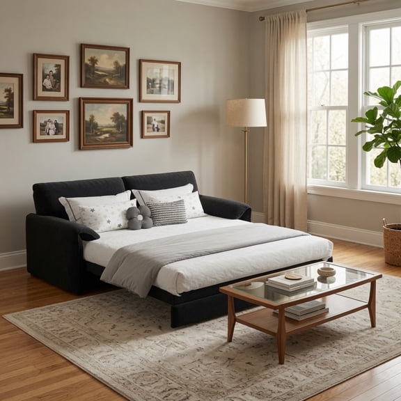 66" Queen Pull Out Sofa Bed, 3-in-1 Convertible Velvet Sleeper with Side Storage, Black