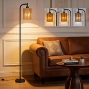 66" Rattan Floor Lamp for Living Room, Boho Standing Lamp with 3 Color Temperatures Light, Foot Switch Tall Floor Lamp for Bedroom, Office, Black
