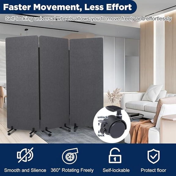 66" Sound Proof Dividers w/Wheels, Portable Office Wall Divider for Room Partition, Soundproof Room Divider Privacy Panel Partition Cubicle Wall Temporary Wall for Office (Dark, 3 Panel)