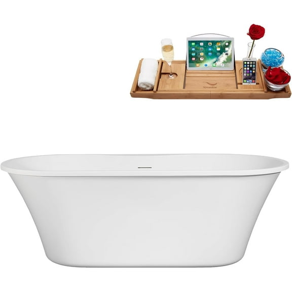 66" Streamline B-216-15-BNK Soaking Freestanding Tub and Tray With Internal Drain in Brushed Nickel
