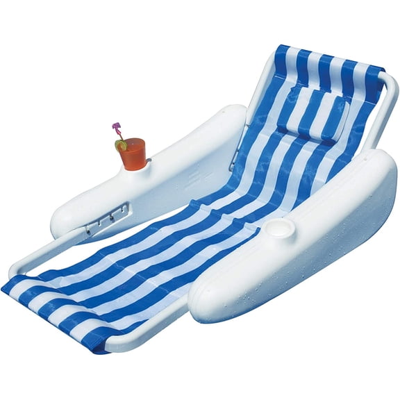 66" Sunchaser Blue and White Striped Sling Back Floating Lounge Chair