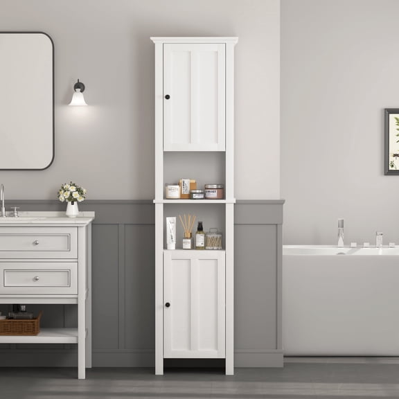 66" Tall Bathroom Storage Cabinet, Wood Narrow Towel Closet with Open Cubby, Adjustable Shelves, Freestanding Pantry Cabinet for Living Room, Kitchen