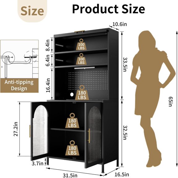 66 Tall Kitchen Pantry Cabinet with LED Light, 5 Tier Metal Food Storage Cabinet with Adjustable Shelves, Hutch Cabinet Rack for Kitchen Living Dining Room, Black