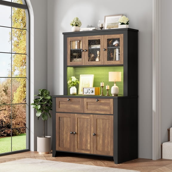 66" Tall Kitchen Pantry Cabinet with LED Lights & Power Outlet - Large Storage Hutch with Drawers, Countertop, Adjustable Shelves - Coffee Bar Organizer - Striped Embossed Black Brown