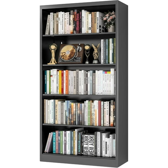 66" Tall Metal Bookcase, 5 Shelf Black Bookcase with Adjustable Shelves, Large Bookshelves and Bookcases, Modern Book Shelf Storage Organizer for Living Room, Home Office, Library (Black)