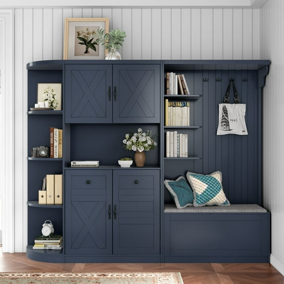 66''Tall Pantry Cabinet, Multifunctional Left-Right Combination Hall Cabinet with Open Shelves, 4 Doors and 4 Hooks, Closet Organizer for Living Room, Kitchen and Hallway, Antique Blue