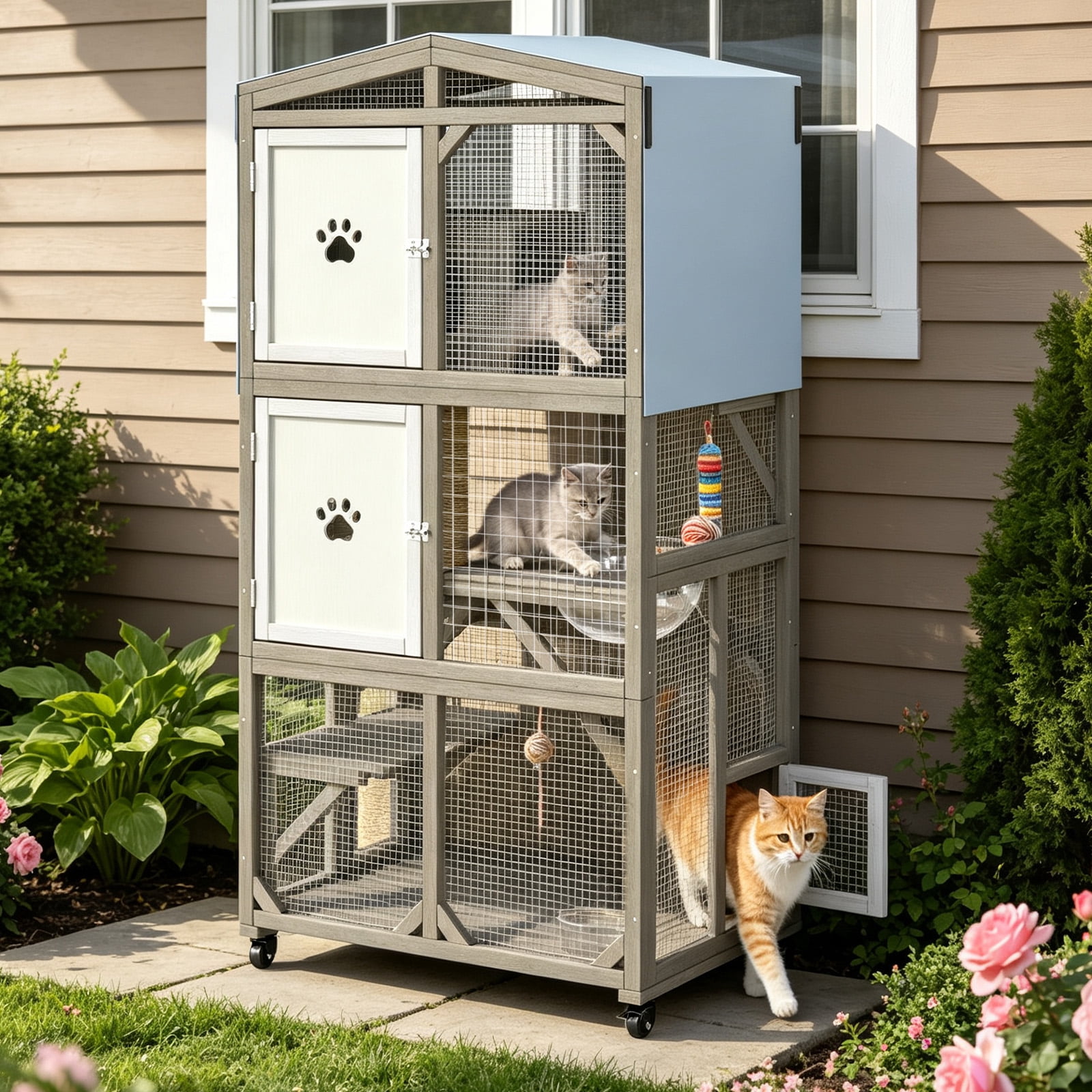 66" Tall Portable Catio Outdoor Cat Enclosure with Wheels, Window Connection Cat House, 4-Tier Activity Center with Acrylic Pod