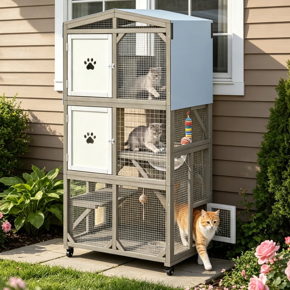 66" Tall Portable Catio Outdoor Cat Enclosure with Wheels, Window Connection Cat House, 4-Tier Activity Center with Acrylic Pod