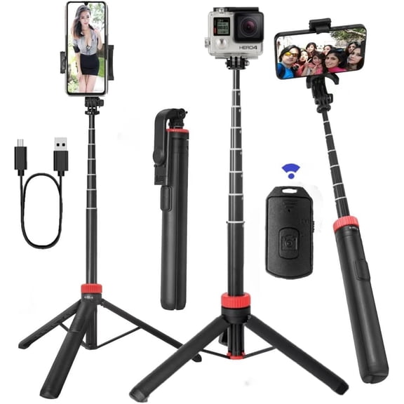 66" Tripod for iPhone & Camera, Portable Phone Tripod with Rechargeable Remote Control and Rotate Phone Stand, Selfie Stick for iPhone/Gopro and Cameras (red, 66 in)