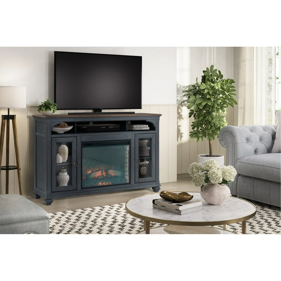 66" Tv Stand With Built-in Fireplace, Corduroy Blue, Fits 80" Tvs, 3 Shelf Spaces Blue Corduroy, For Storage