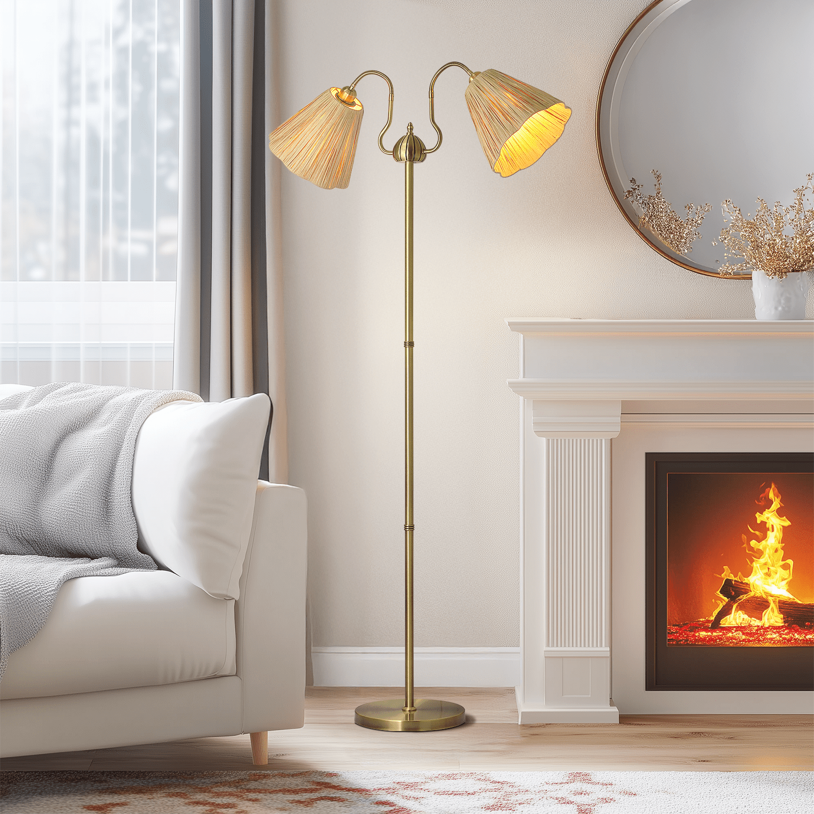 66" Twin Arm Gooseneck Floor Lamp With Natural Raffia-Inspired Shades, 2 Vintage Edison Bulbs Included,Electroplated Gold Metal Base, Adjustable Lampshade, LED Floral Standing Lamp For Living Room