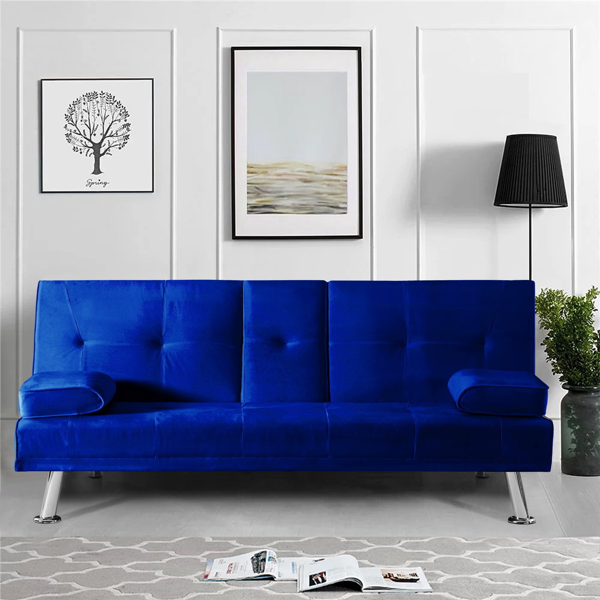 66" Velvet Futon Sofa Bed, Upholstered Couch Sofa Bed, Folding Futon