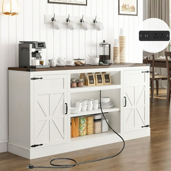 66''W Kitchen Buffet Sideboard Bar Cabinet with Power Outlet, Farmhouse Coffee Bar Cabinet with 4 Tier 9 Storage Shelves