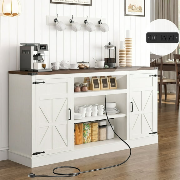 66''W Kitchen Buffet Sideboard Bar Cabinet with Power Outlet, Farmhouse Coffee Bar Cabinet with 4 Tier 9 Storage Shelves