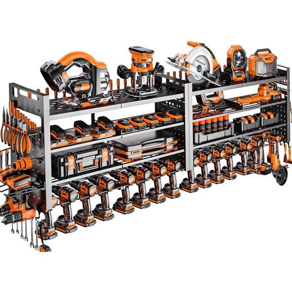 66" W Super Large Power Tool Organizer Wall Mount,Heavy Duty Cordless Tool Organizer with 18 Drill Holder,600 Lbs Capacity 4-Layer Garage Organization for Garage and Workshop (Black)